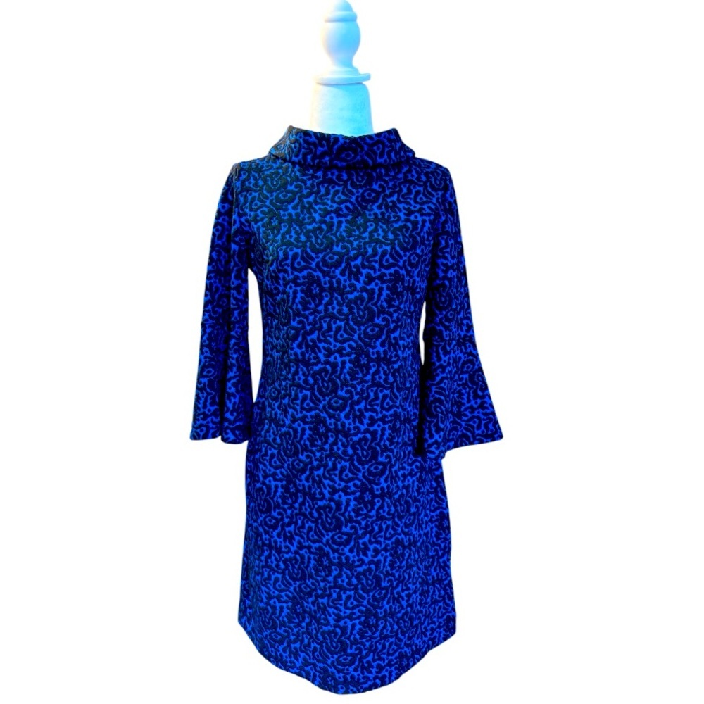 Tyler Boë Lexi Dress in Blue and Black, 3/4 Bell Sleeves